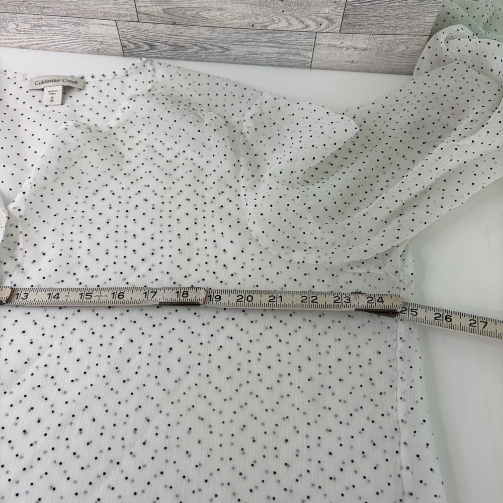 Coldwater Creek Blouse Women 1X White Black Polka Dot Flocked Sheer Button Up - Picture 6 of 10